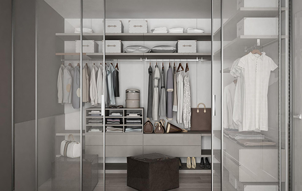 A neatly organized open-concept walk-in closet with shelves and drawers
